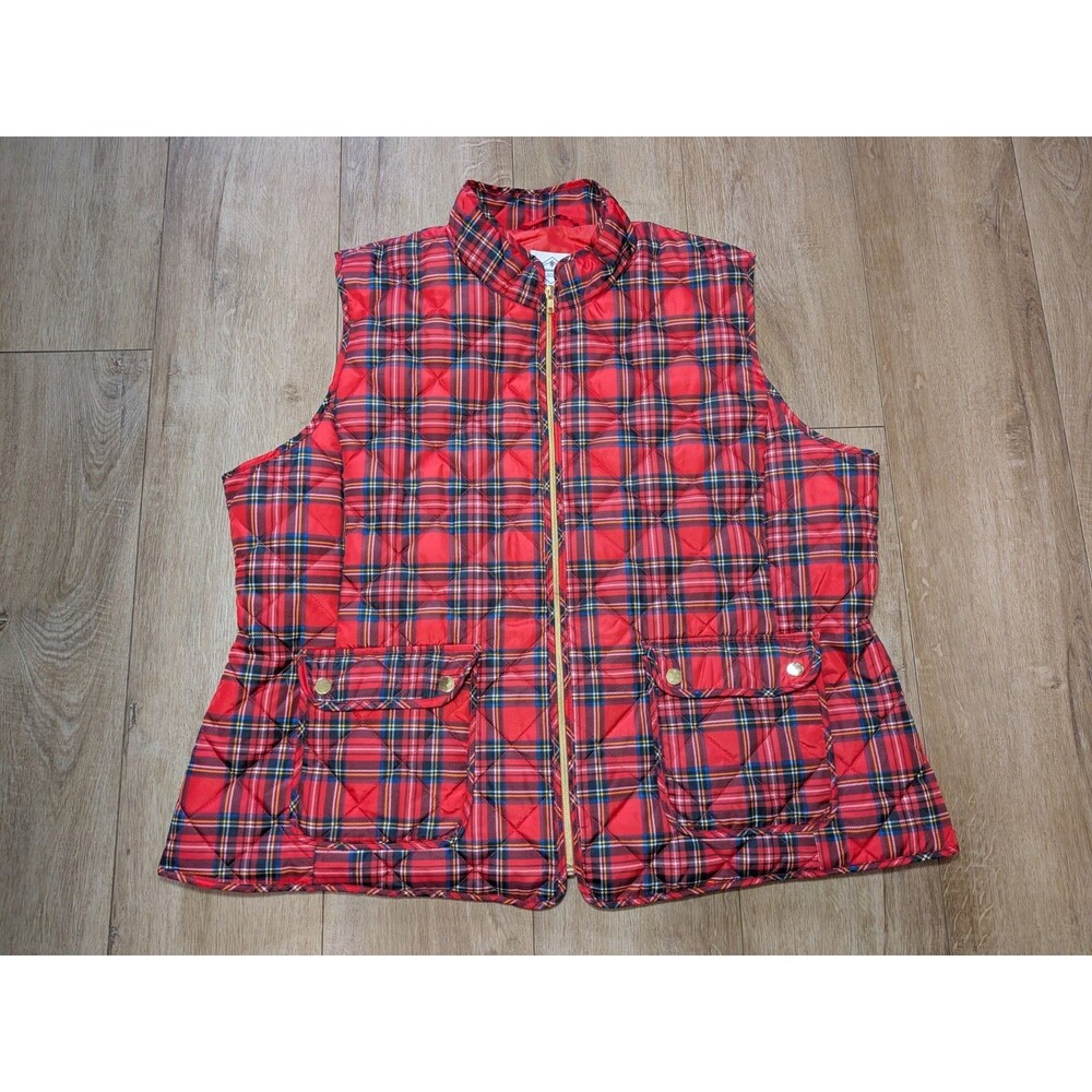 St Johns Bay Womens Red Plaid Quilted Puffer Vest Christmas Plus size 2X